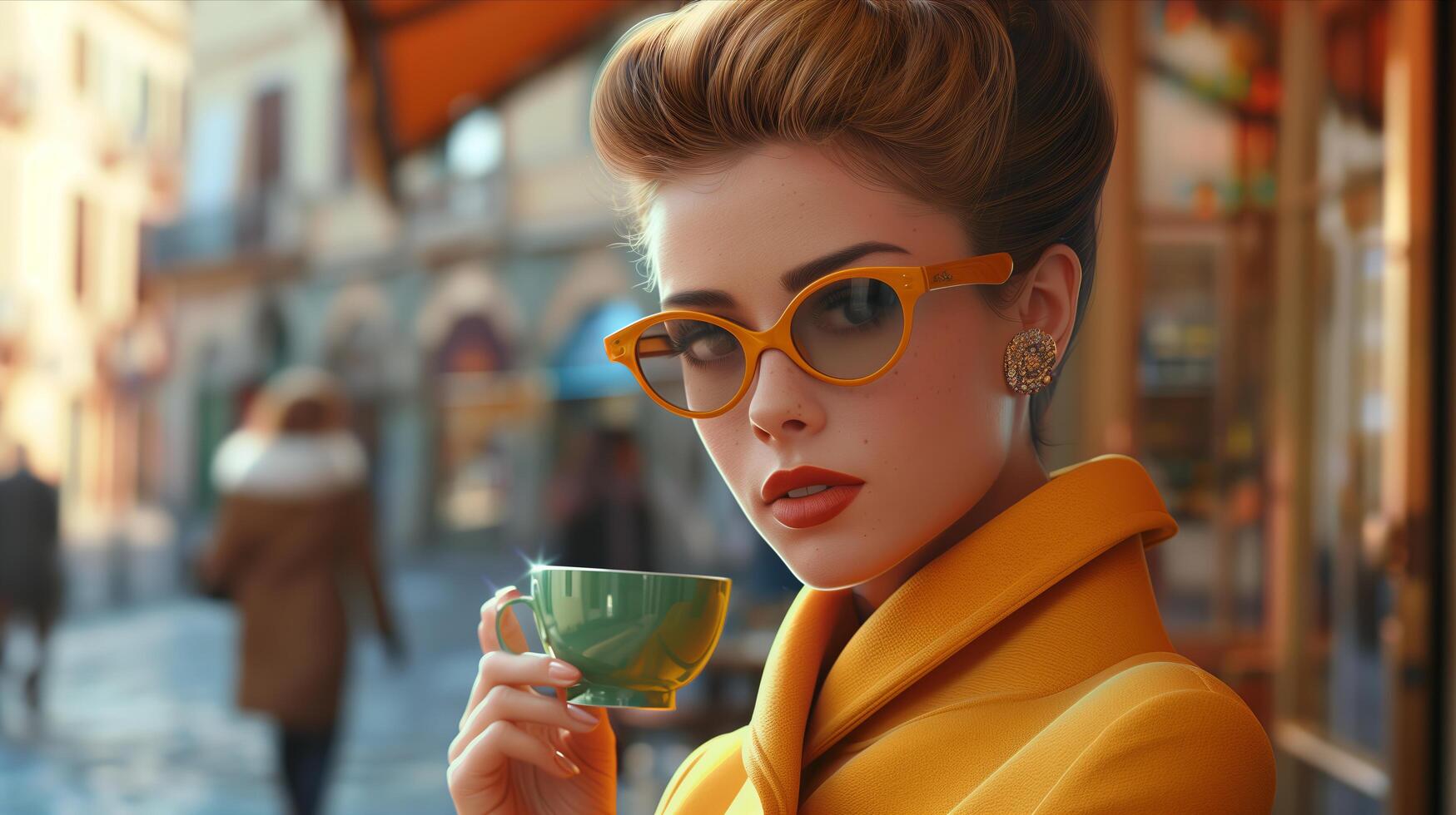 A woman in yellow coat and glasses holding a cup photo