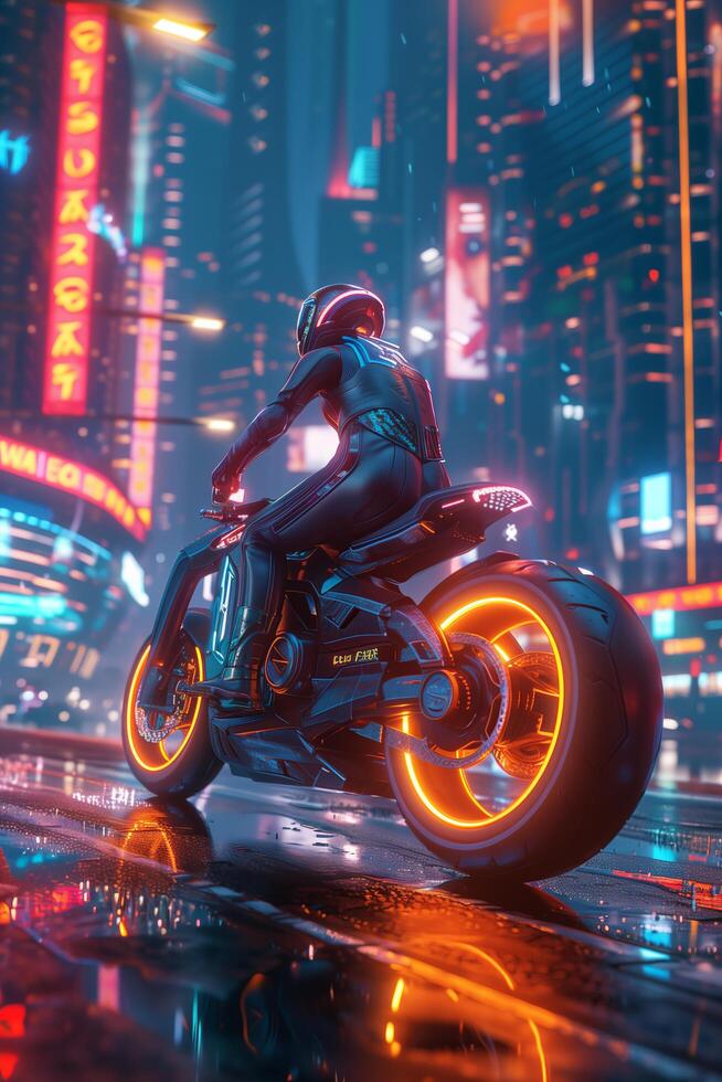 A person riding a motorcycle in the city at night photo