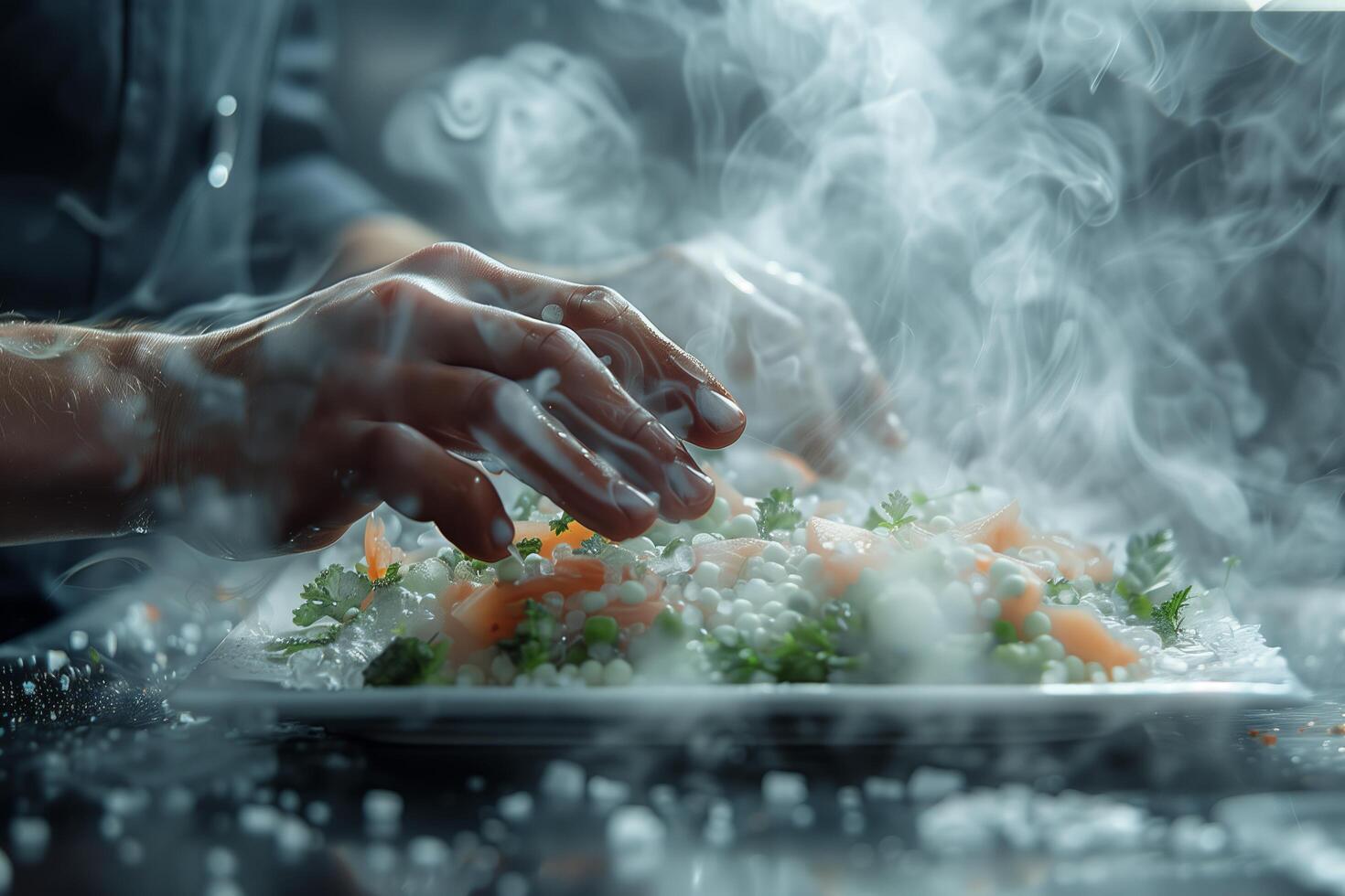 A person is cooking a dish with smoke coming out of it photo