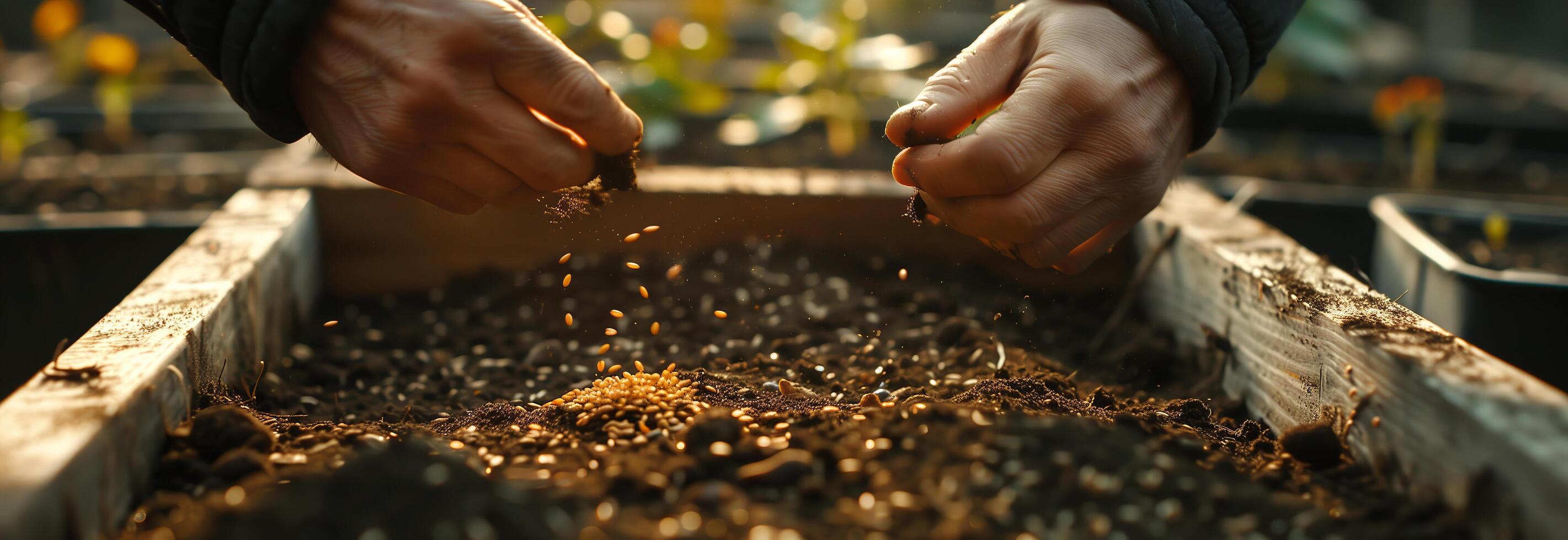 A person is sprinkling seeds into a container photo
