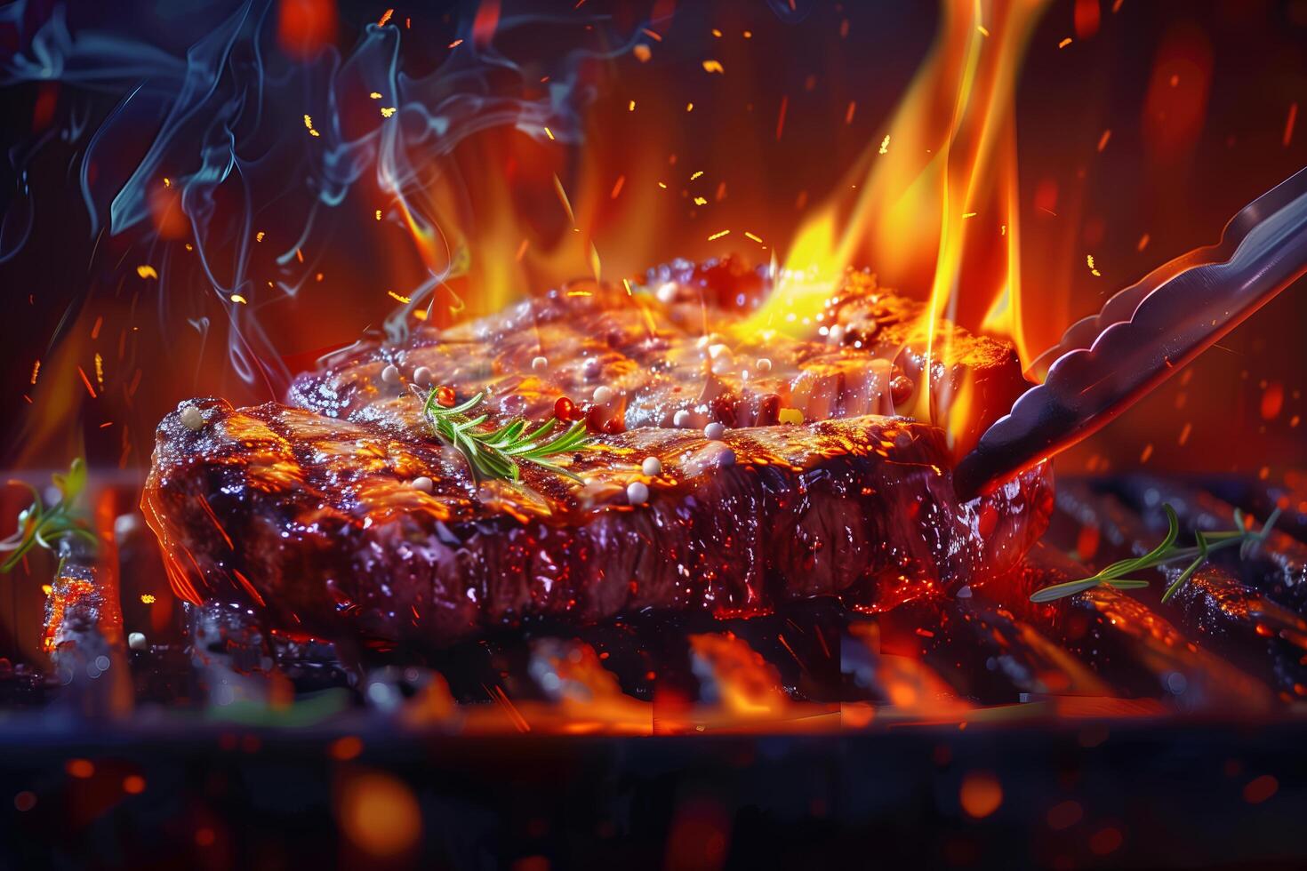 A steak is being cooked on a grill with flames photo