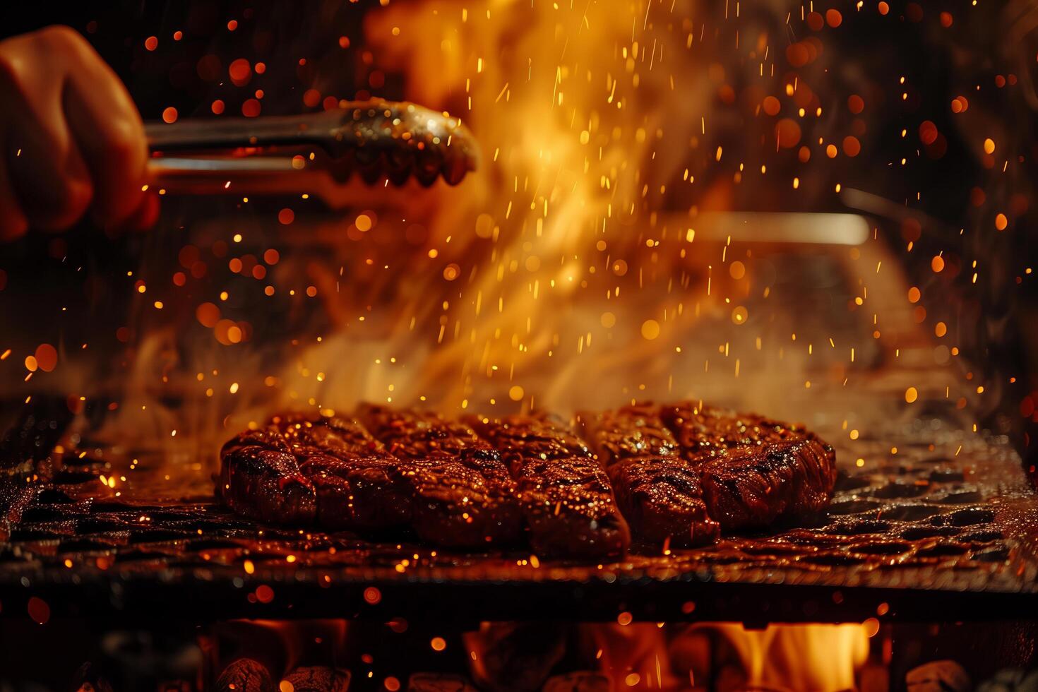A person is holding a spatula over a steak on a grill photo