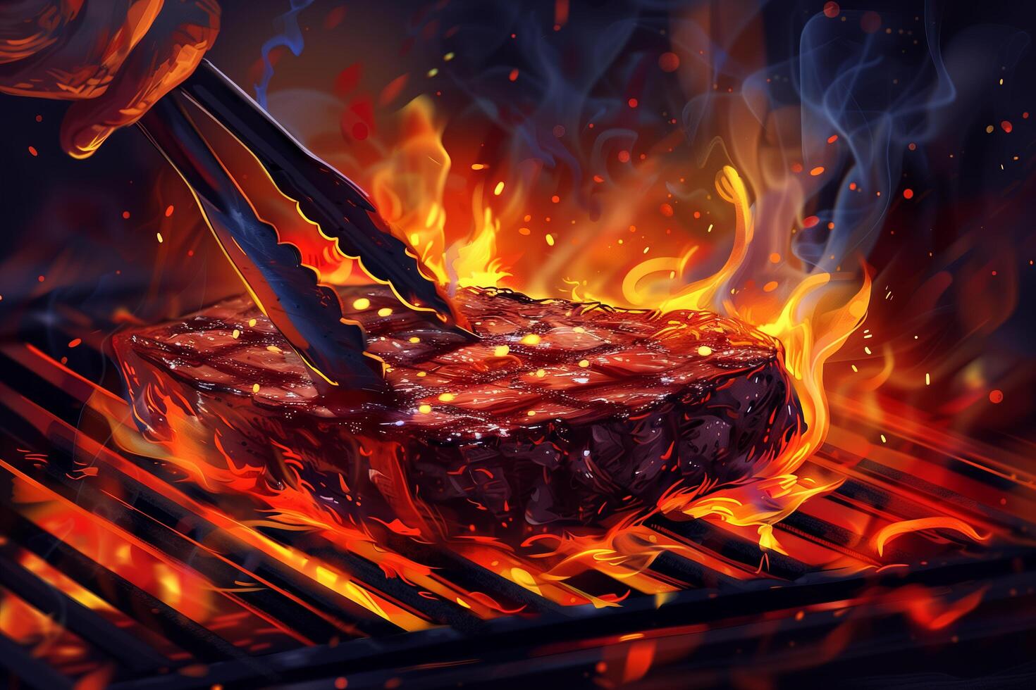 A steak being grilled on a grill with flames photo