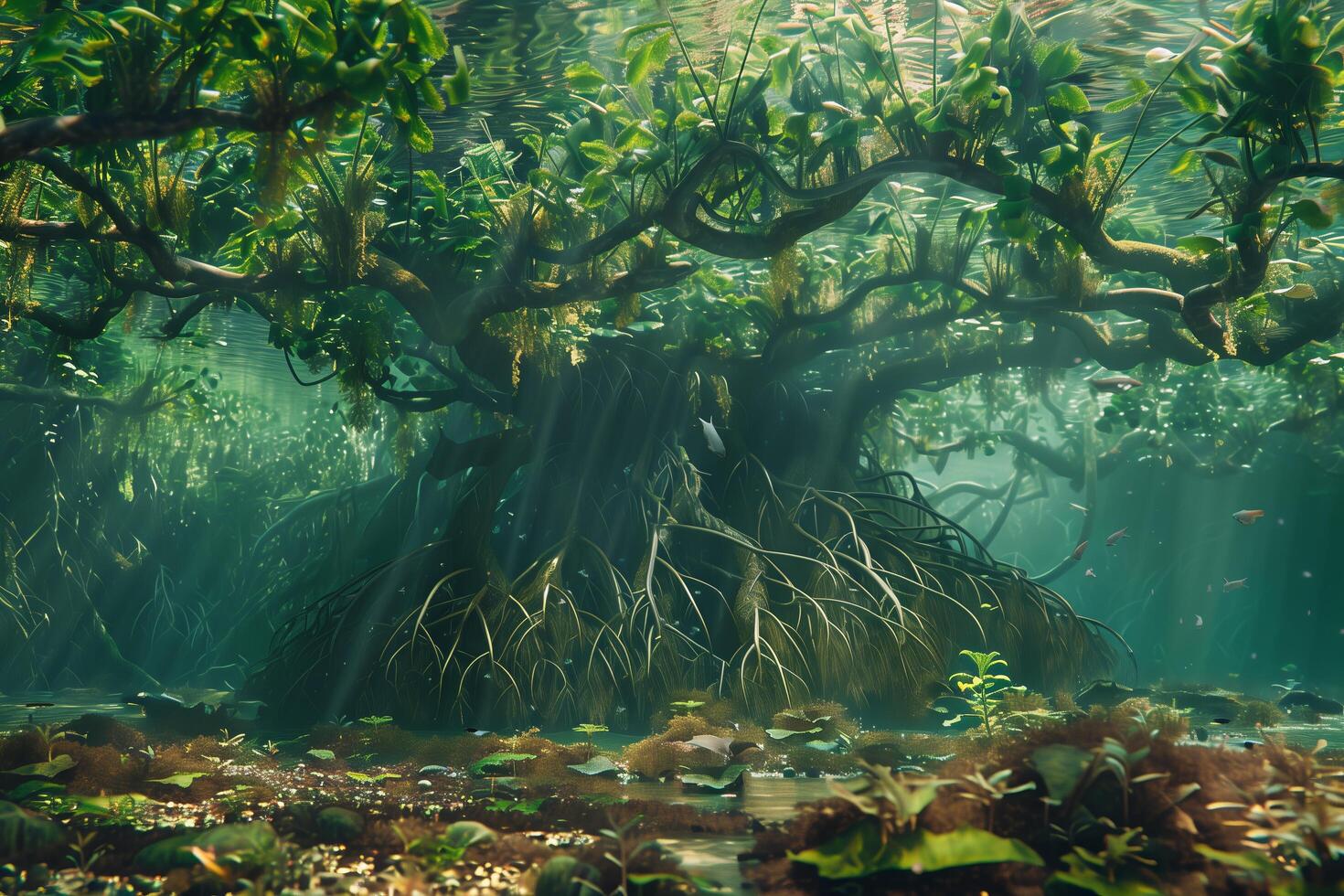 A mangrove tree in the ocean with lots of plants photo