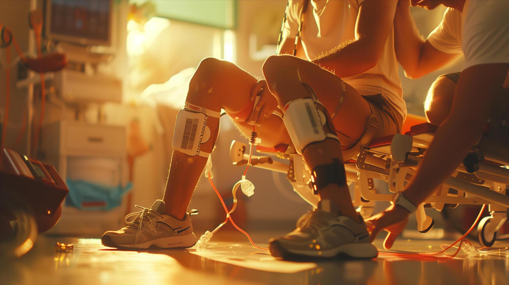 A man and woman sitting on a chair with their legs up photo