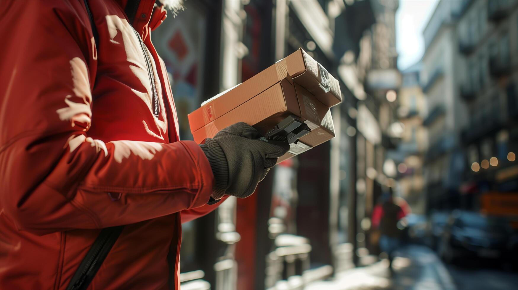 A person in a red jacket holding a box photo