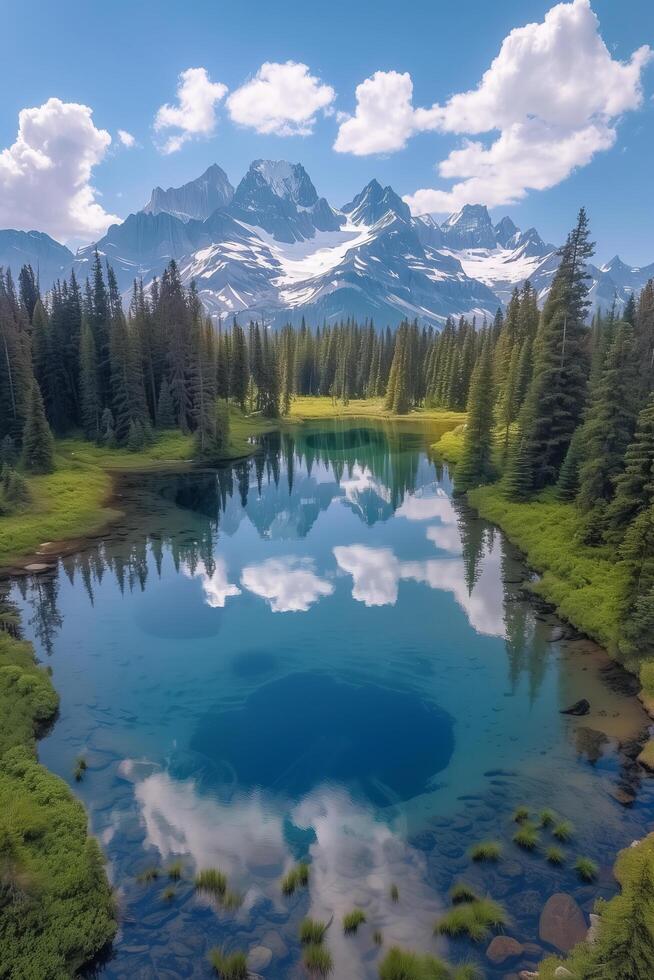 A lake surrounded by trees and mountains photo