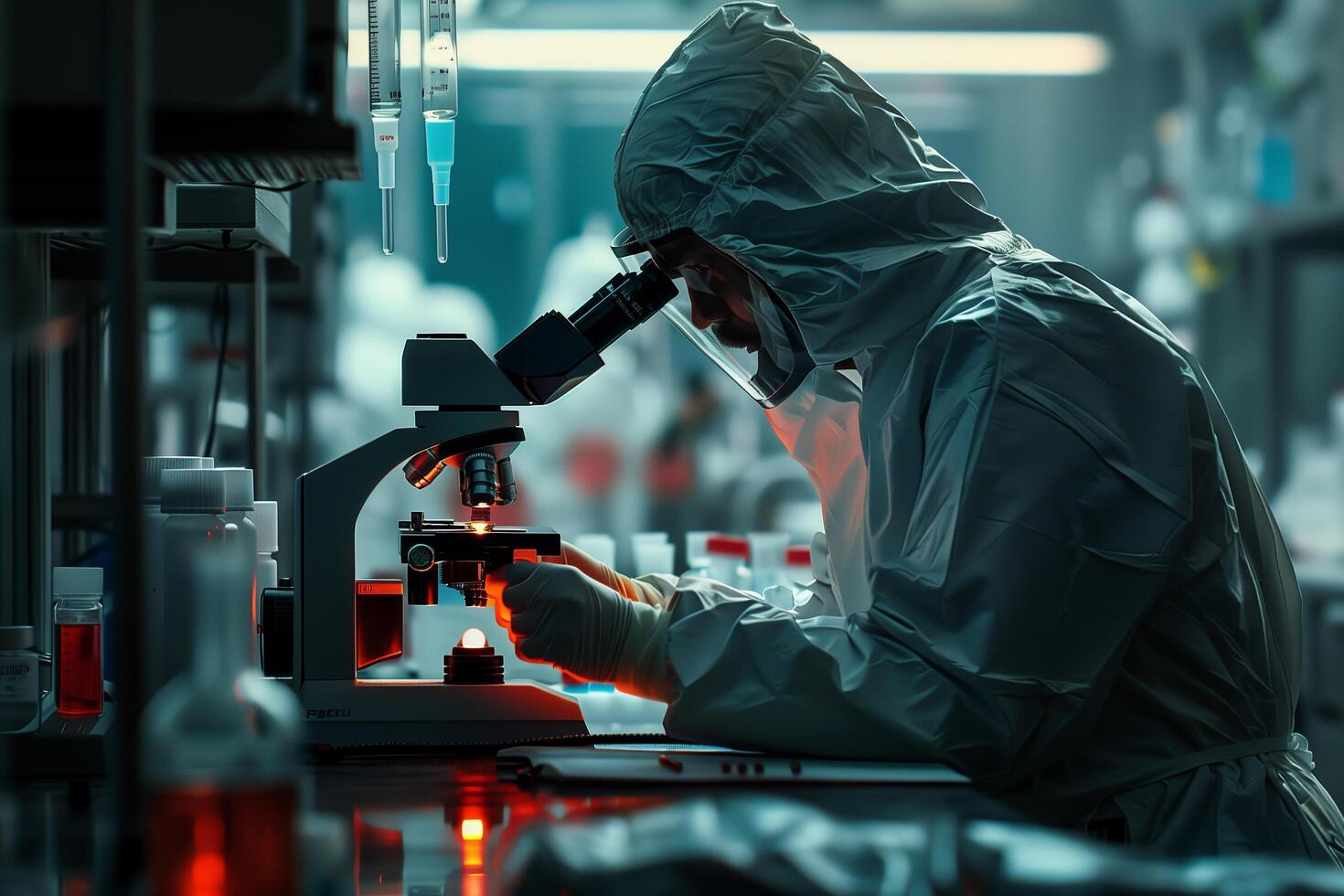 A man in a lab coat looking through a microscope photo