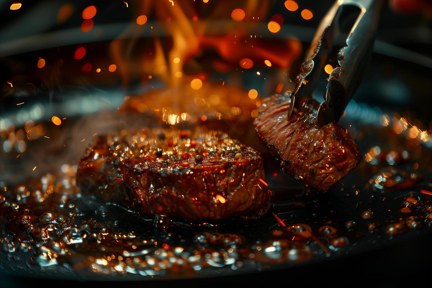 A piece of steak being cooked in a pan with flames photo