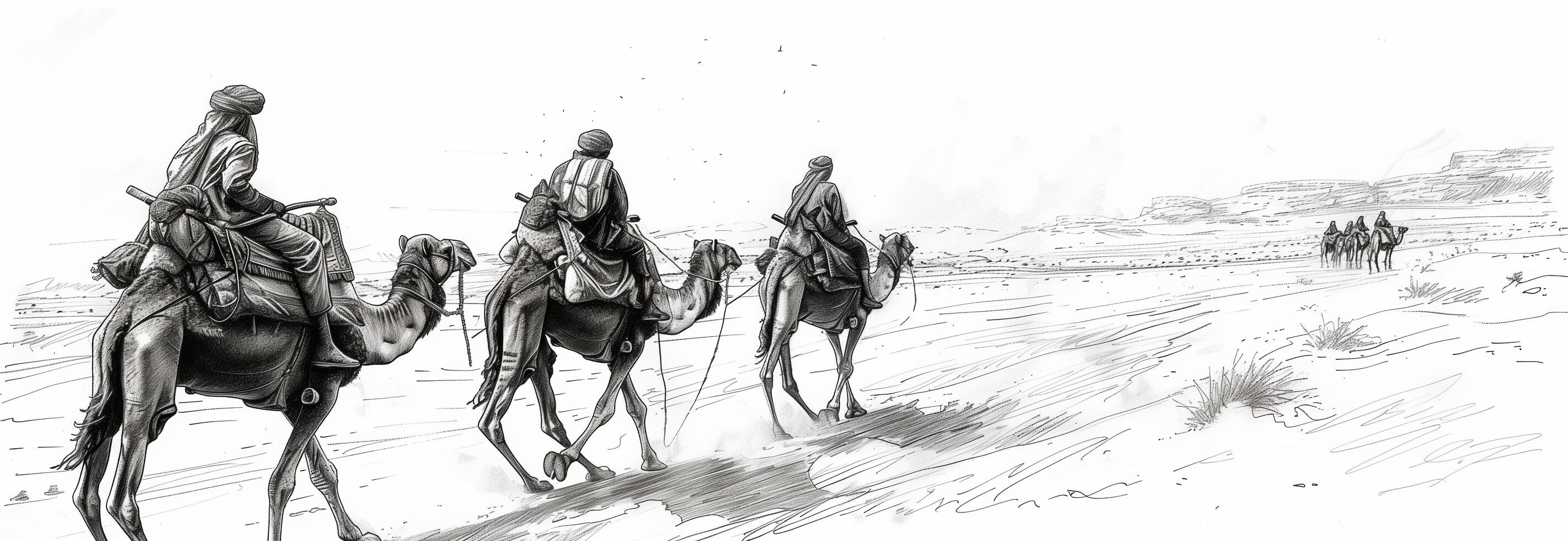 A drawing of three men on camels walking down a road photo