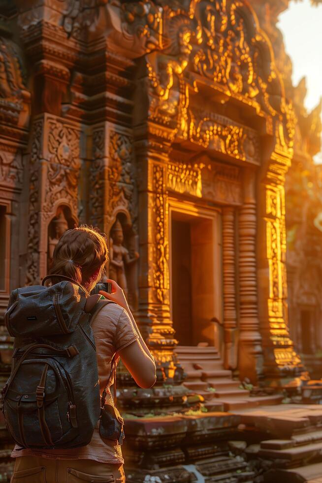 A man with a backpack standing in front of a temple photo