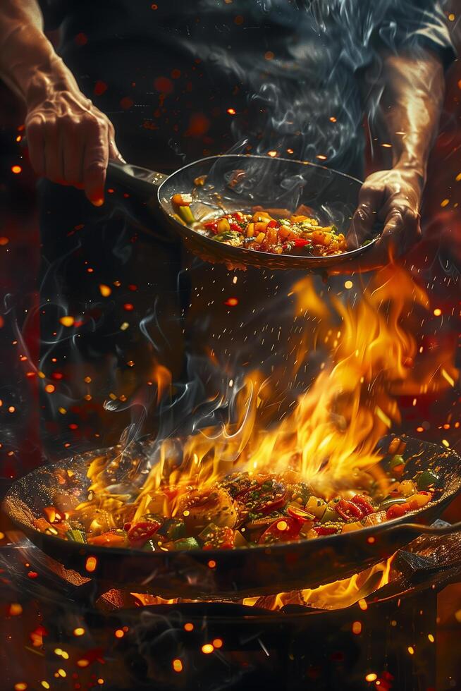 A man is cooking food on a pan with fire photo