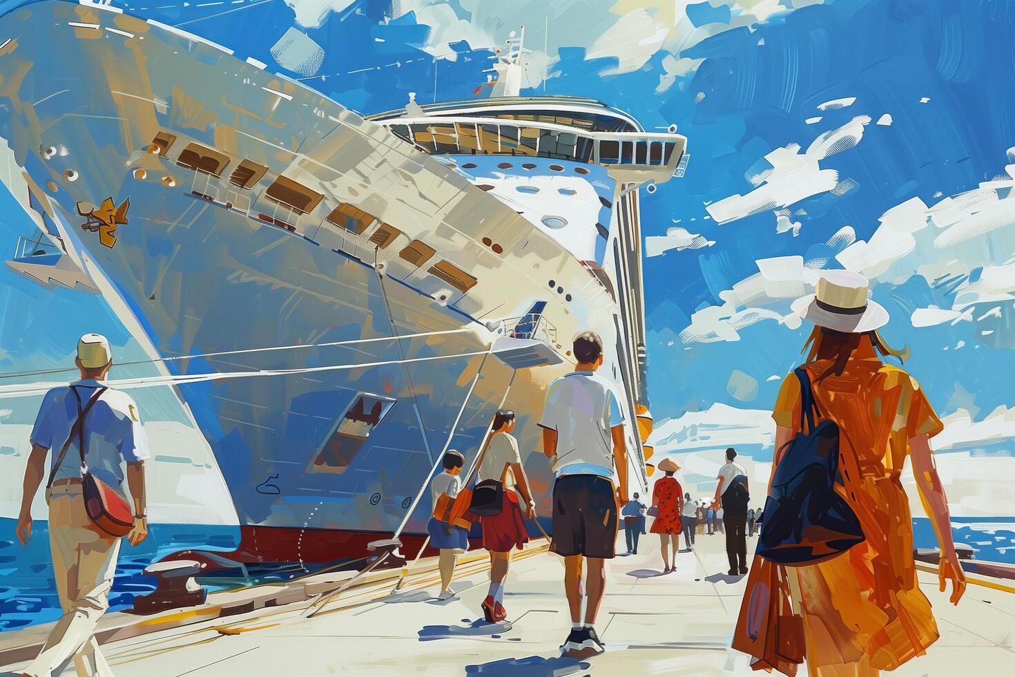 A painting of people walking on the dock near a cruise ship photo