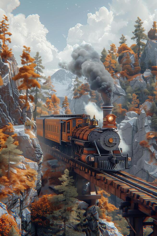 A train traveling through the mountains with trees and rocks photo