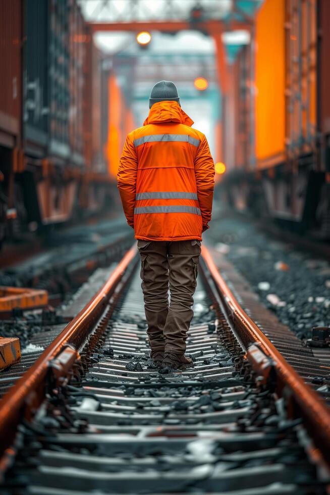 A man in an orange vest walking on railroad tracks photo