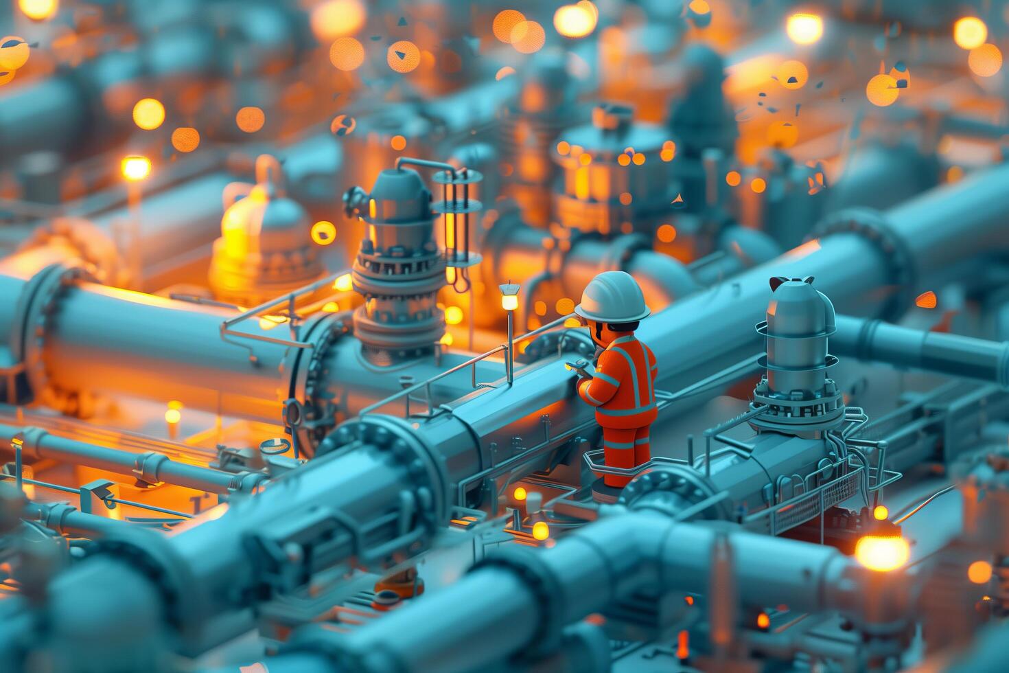 A man in an orange safety vest is standing in front of a large industrial pipe photo