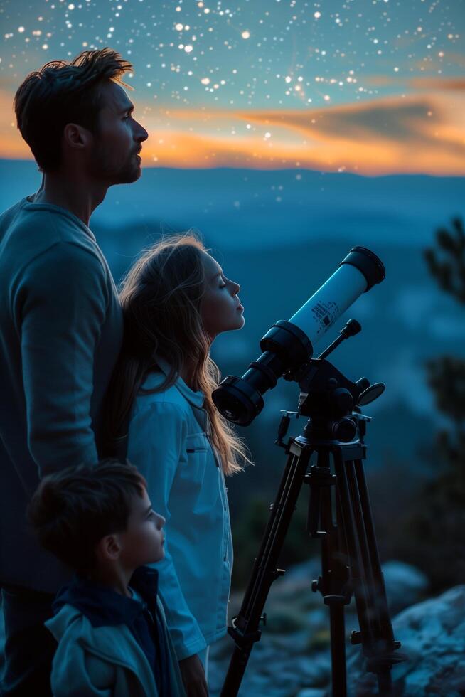 A man and two children looking at the sky with a telescope photo