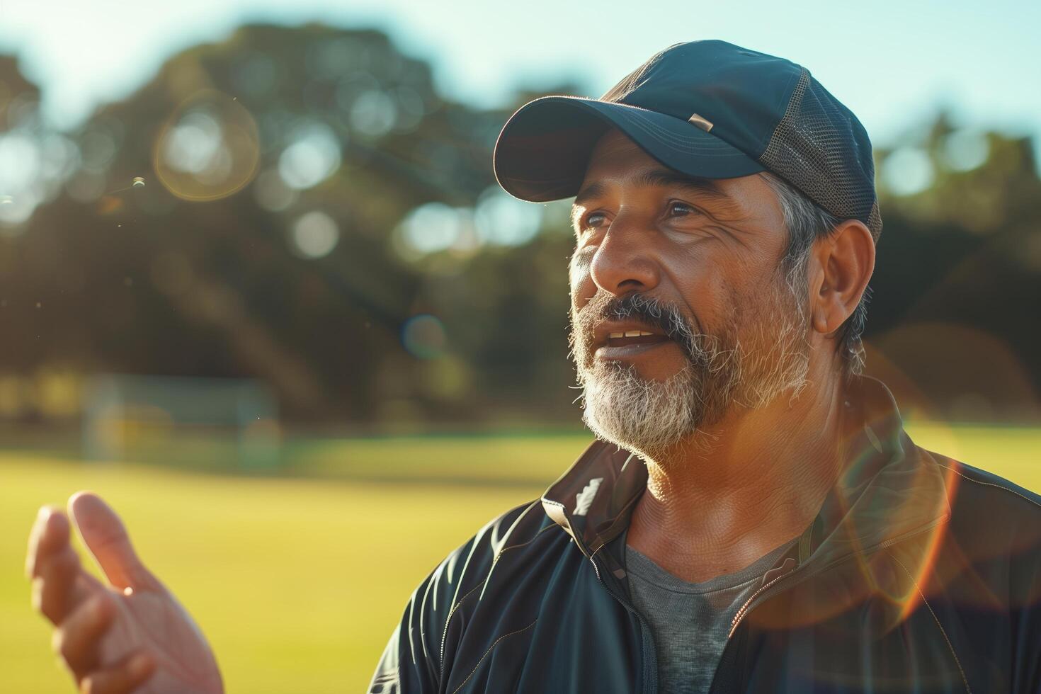 A man with a beard and cap is standing in a field photo