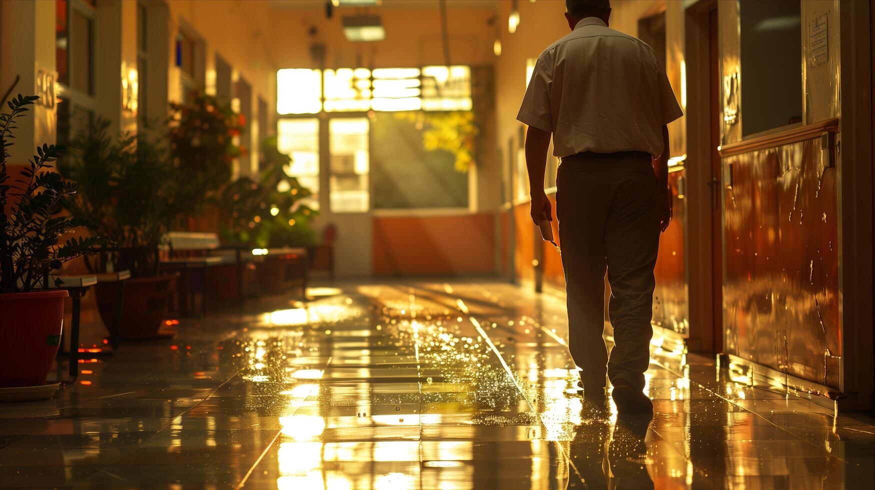 A man walking down a hallway with a umbrella photo