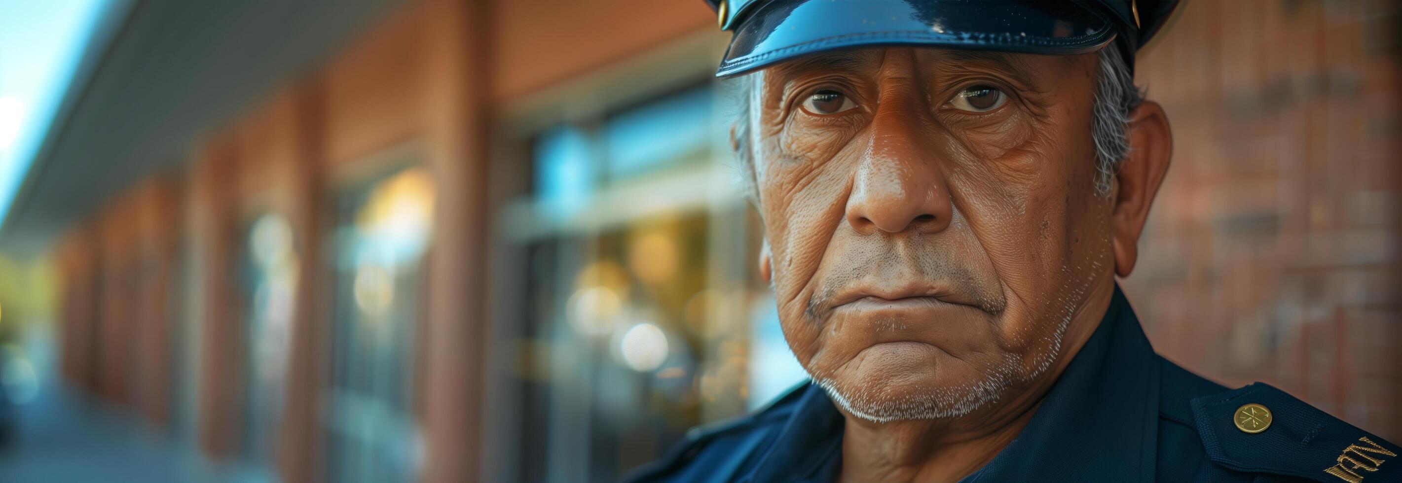 A man in a police uniform looks to the side photo