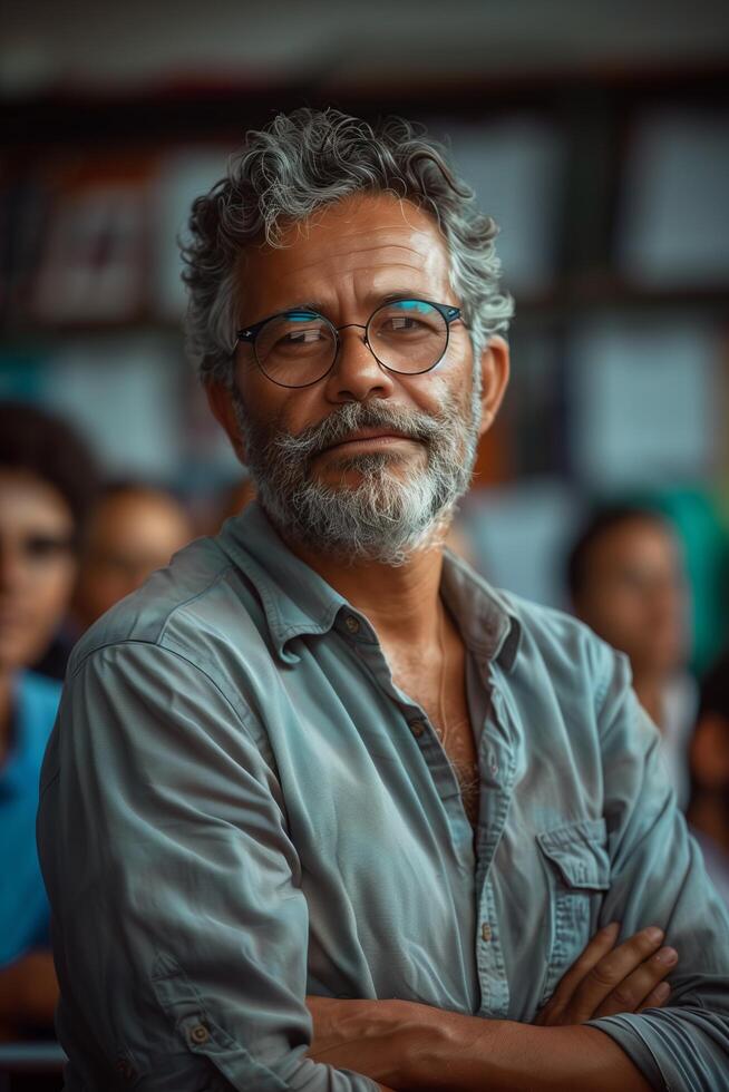 A man with glasses and a beard standing in front of a group of people photo