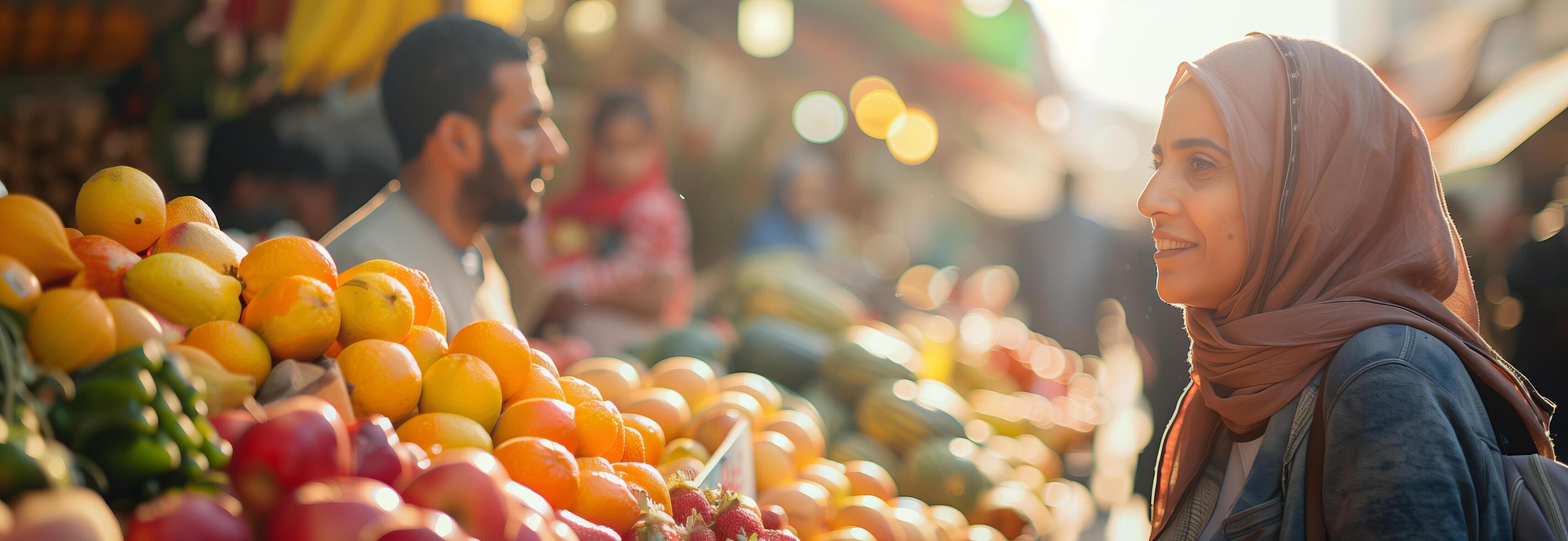 A woman wearing a headscarf is standing in front of a fruit stand photo
