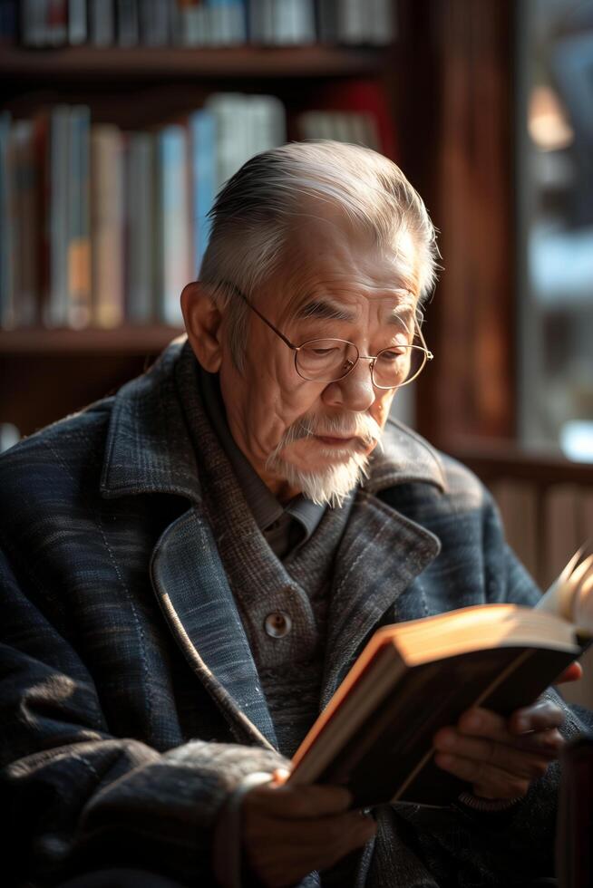 An elderly man reading a book in a library photo