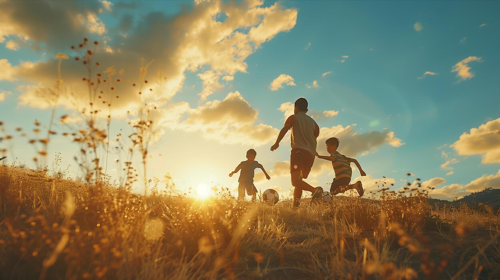 A family running through a field at sunset photo