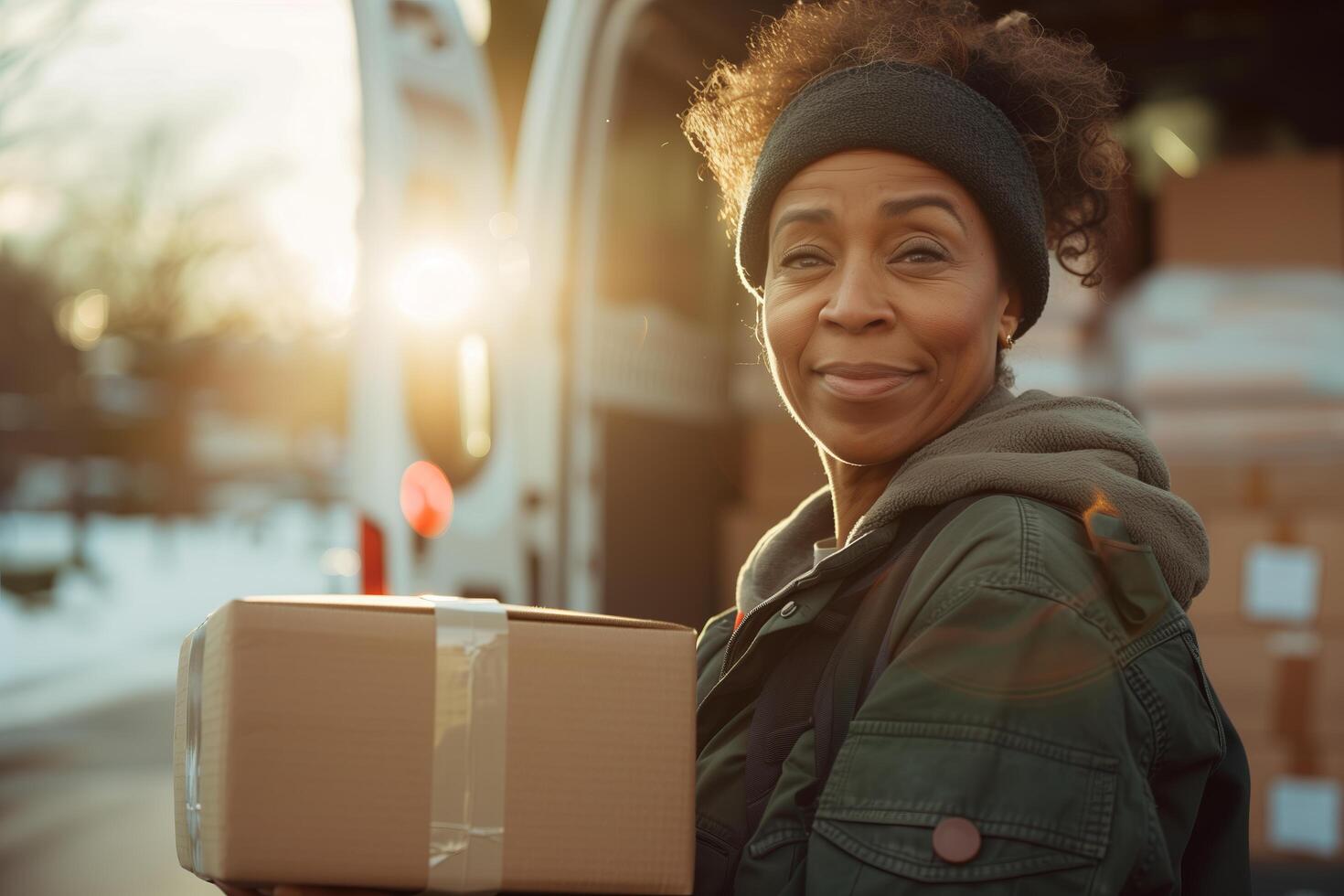 A woman holding a box in front of a moving van photo