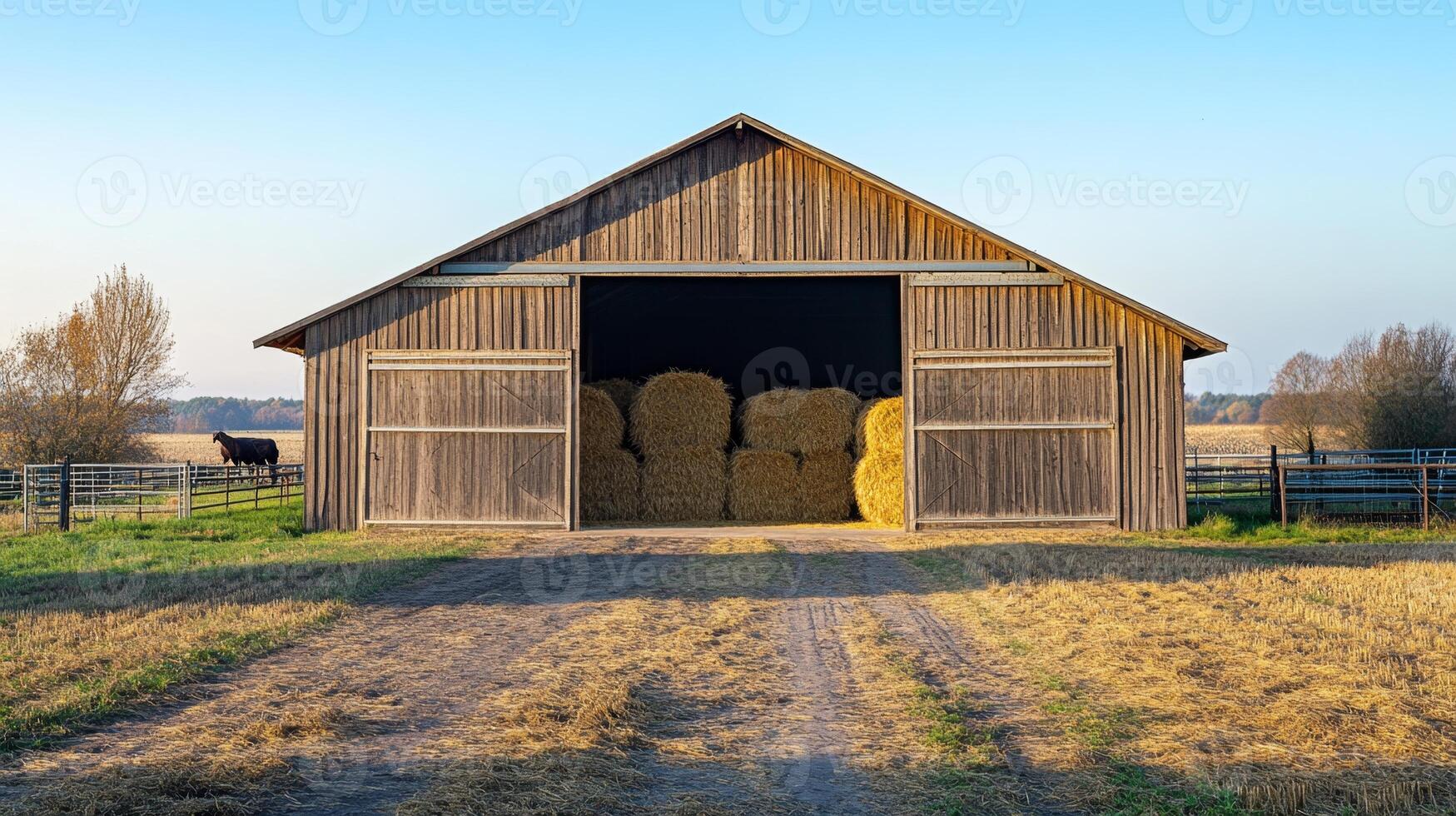 Rustic Wooden Barn with Hay Stacks photo