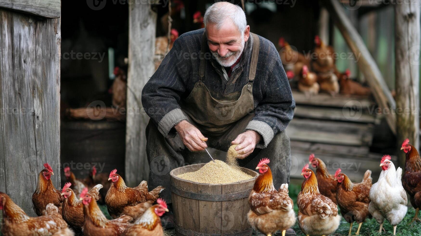 Old Farmer Feeds Chickens in Rustic Barn photo