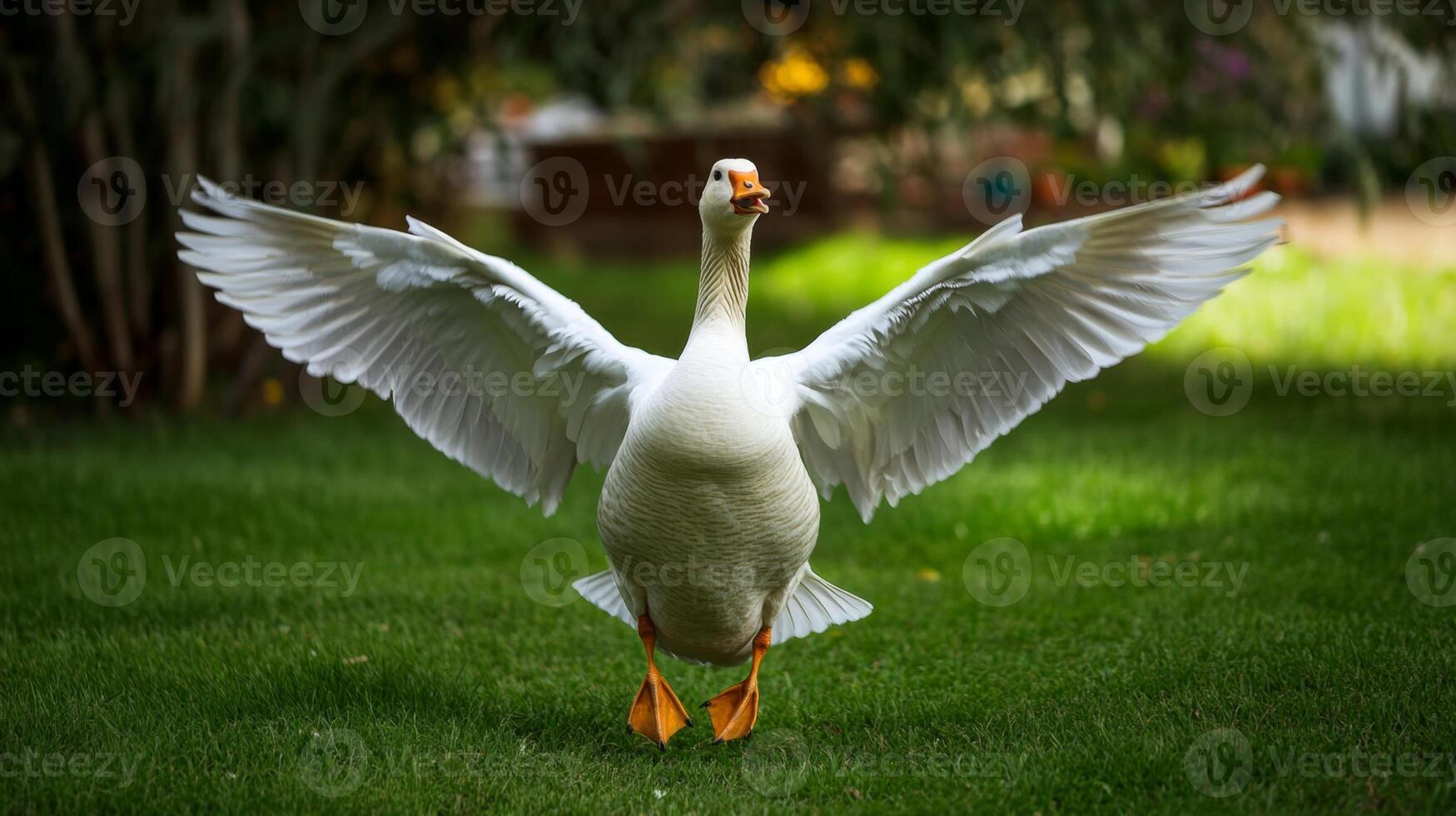 Majestic Goose Taking Flight in a Lush Garden photo