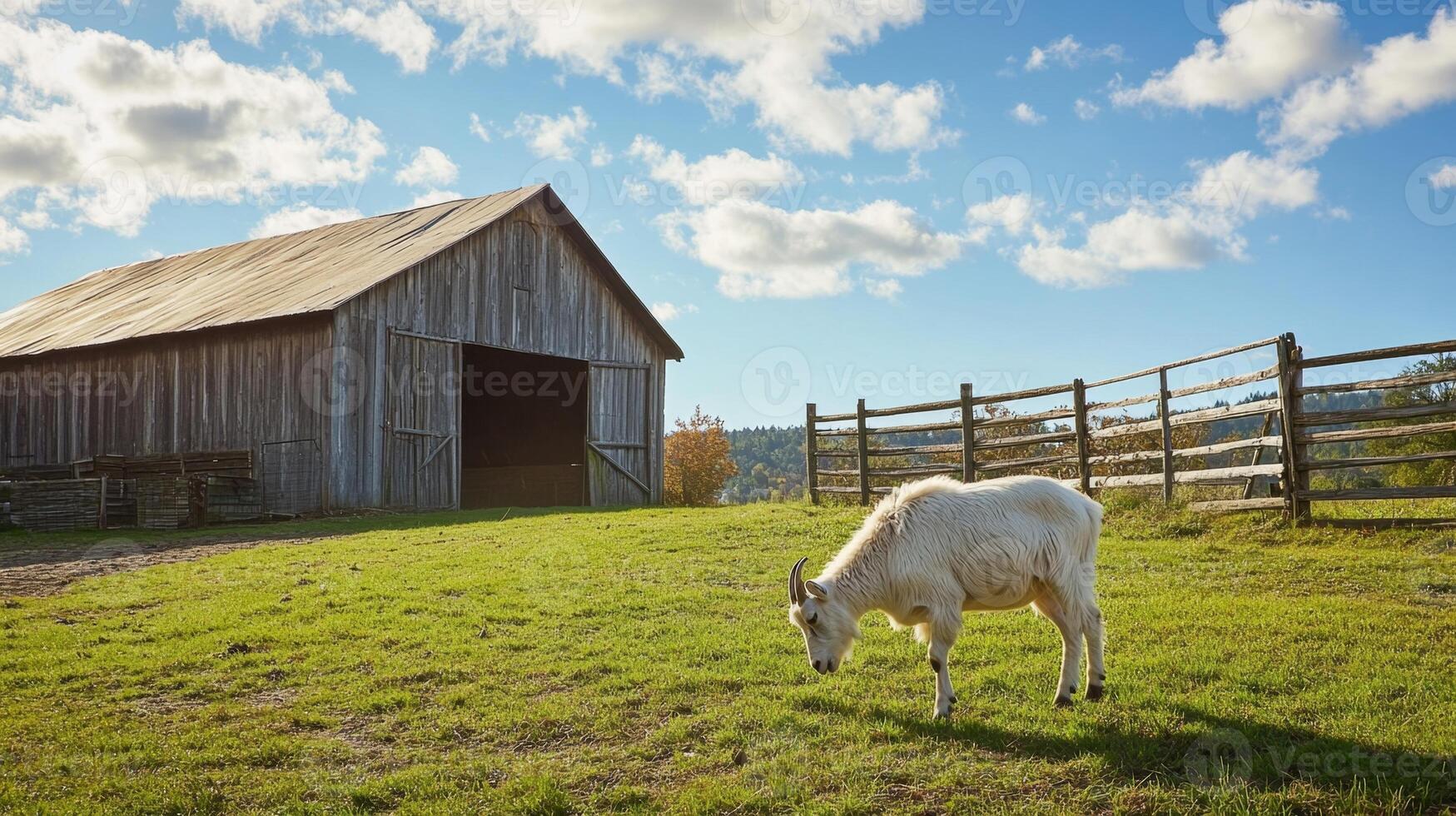 White Goat Grazing in a Peaceful Countryside Farm photo