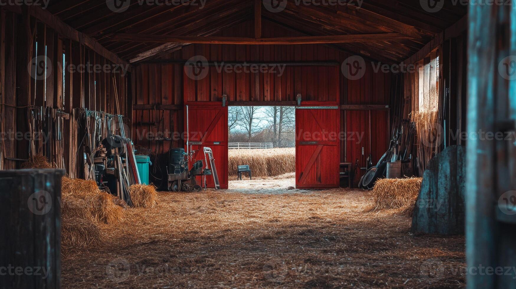 Rustic Red Barn Interior with Hay photo