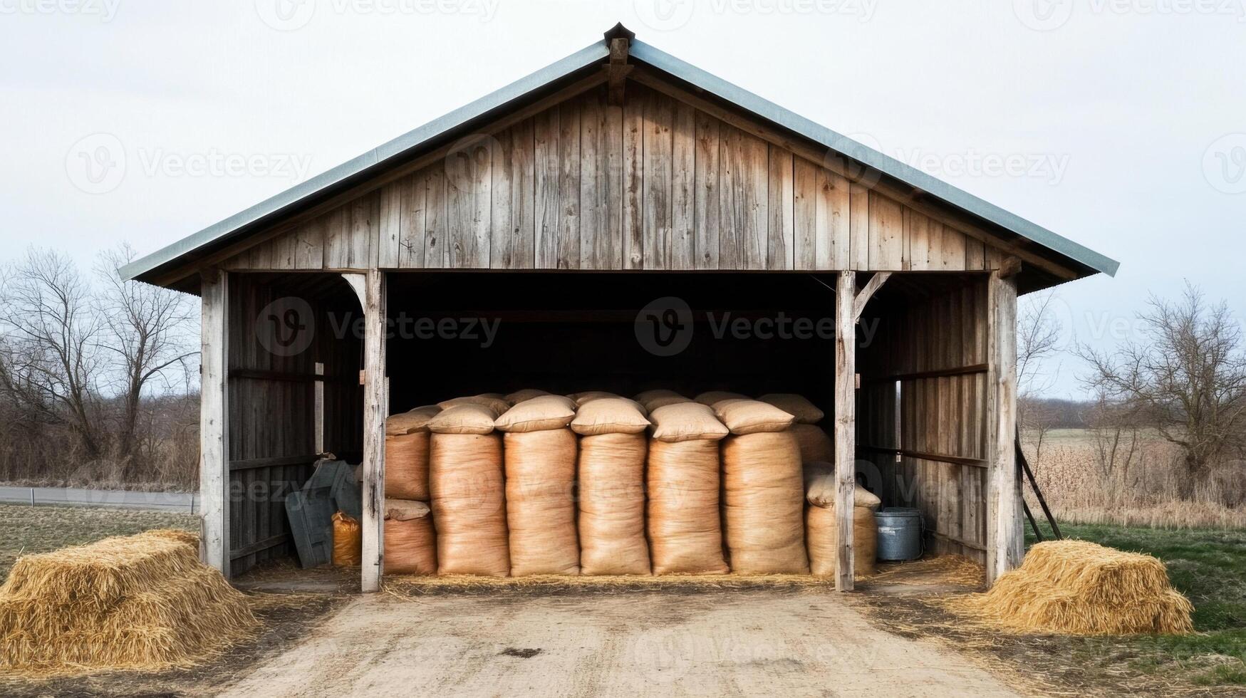 Rustic Wooden Barn with Grain Sacks photo