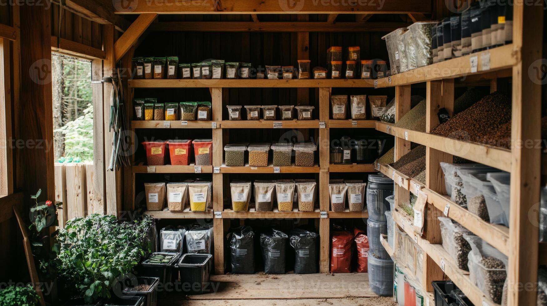 Wooden Storage Shelves Filled with Grains and Seeds photo