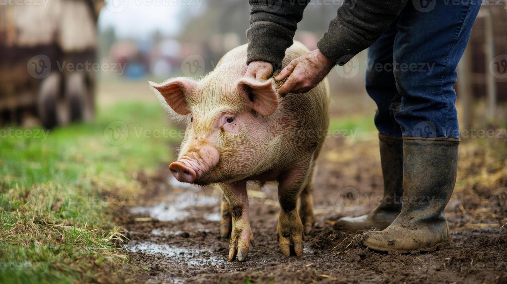 Farmer Caring for a Pig in a Rural Setting photo
