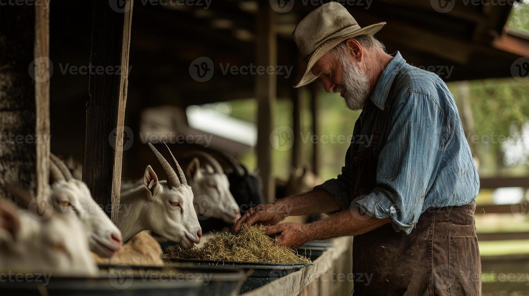 Farmer Feeding Goats in a Rustic Barn photo