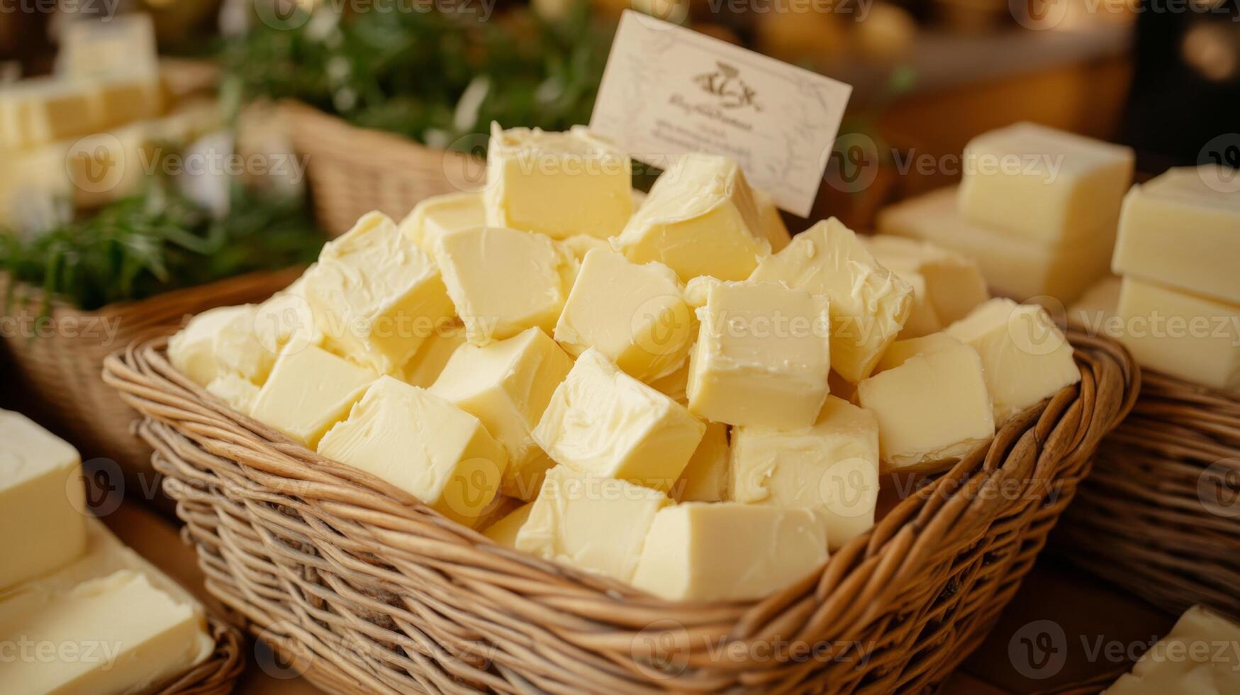 Fresh Butter Cubes in a Wicker Basket photo