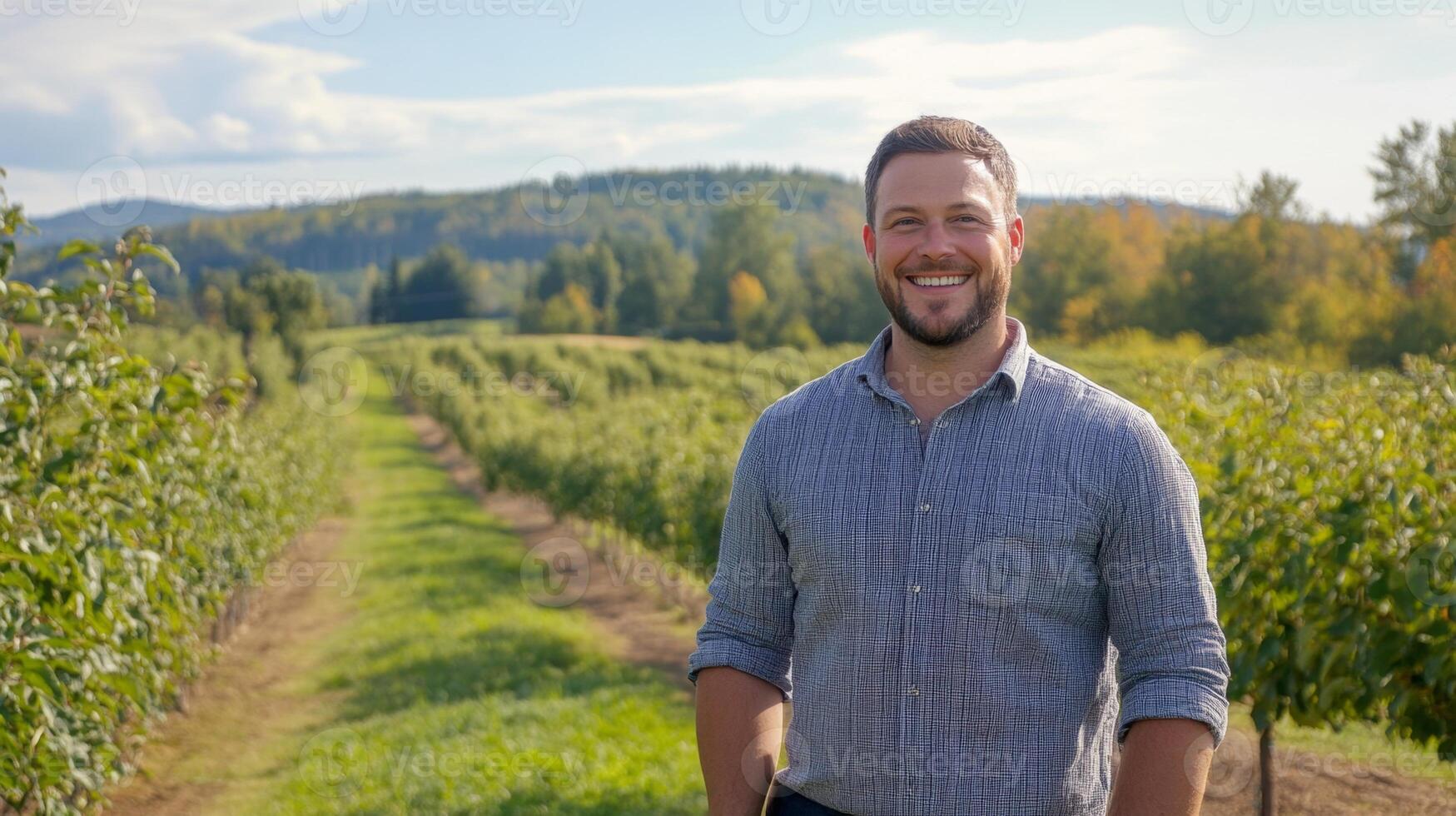 Happy Farmer in a Lush Orchard photo