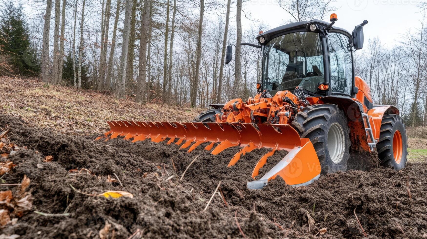 Orange Tractor Working in Field photo
