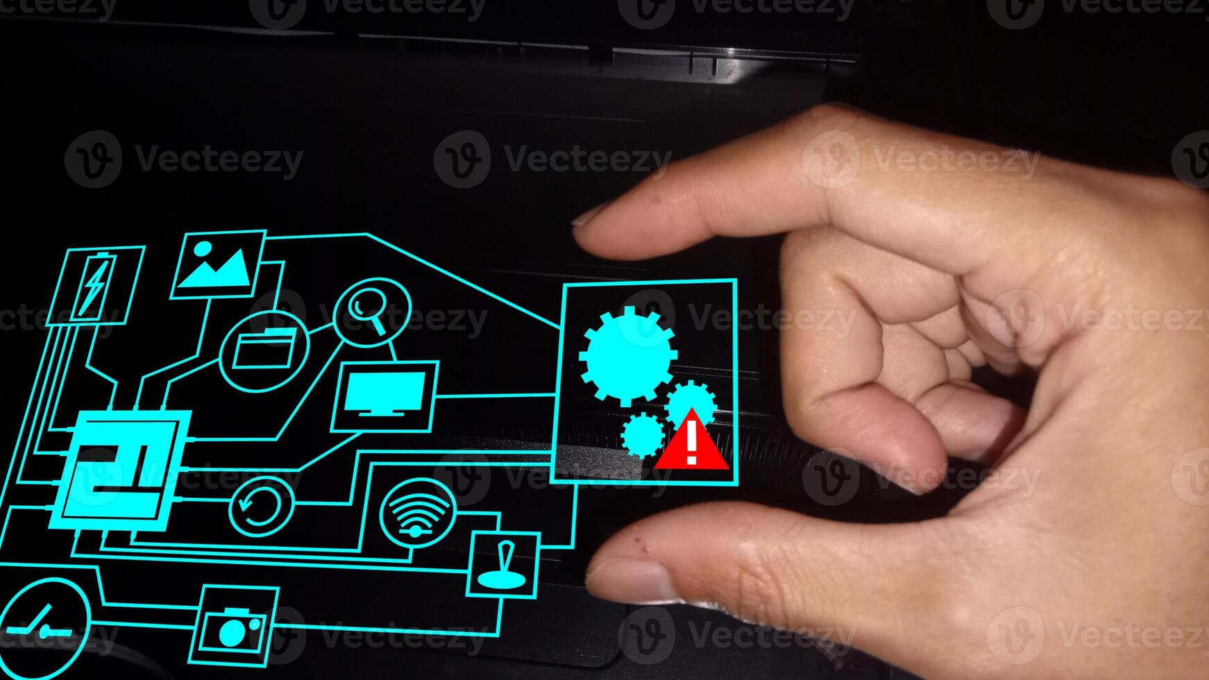 hand holding warning alert on setting in circuit board photo