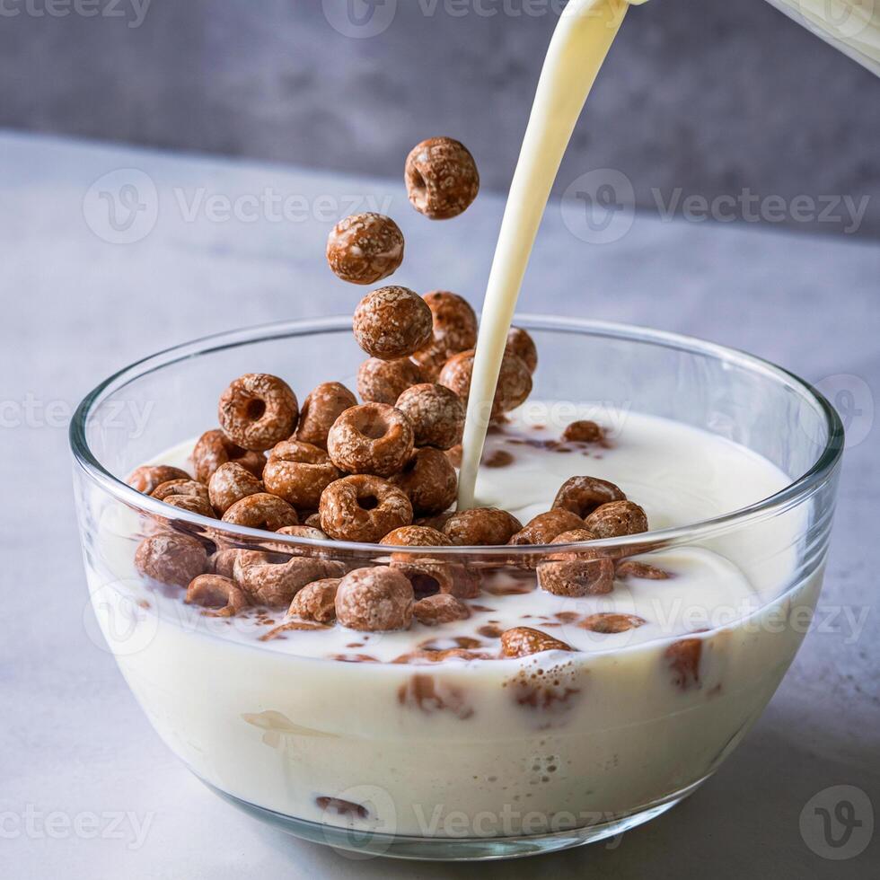 A bowl of cereal with milk being poured into it photo