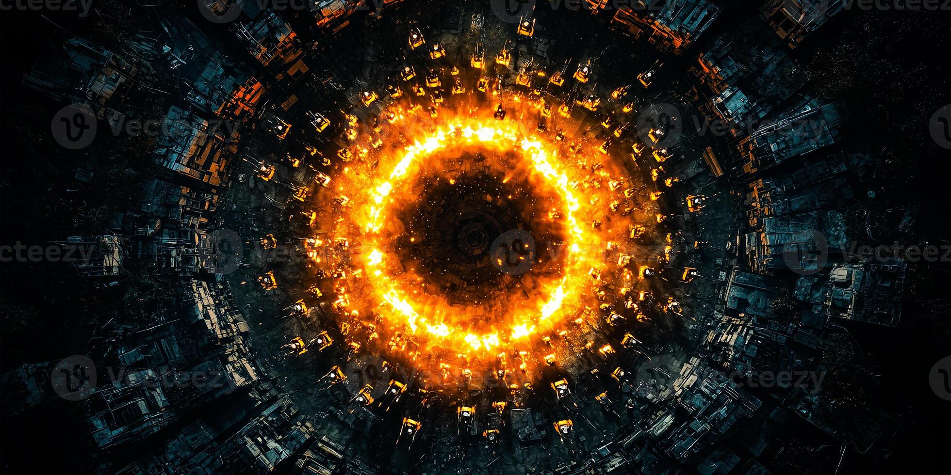A circular ring of fire in the middle of a dark city photo