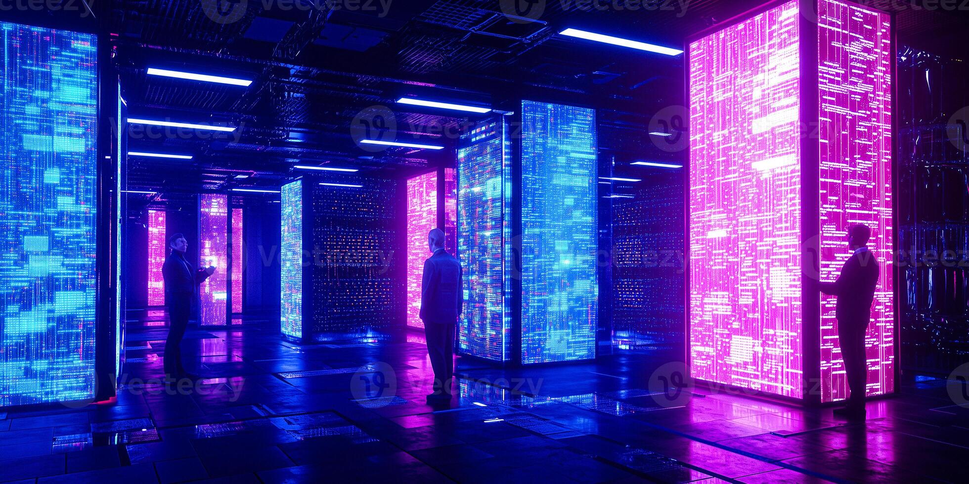 A room with neon lights and a man standing in front of it photo