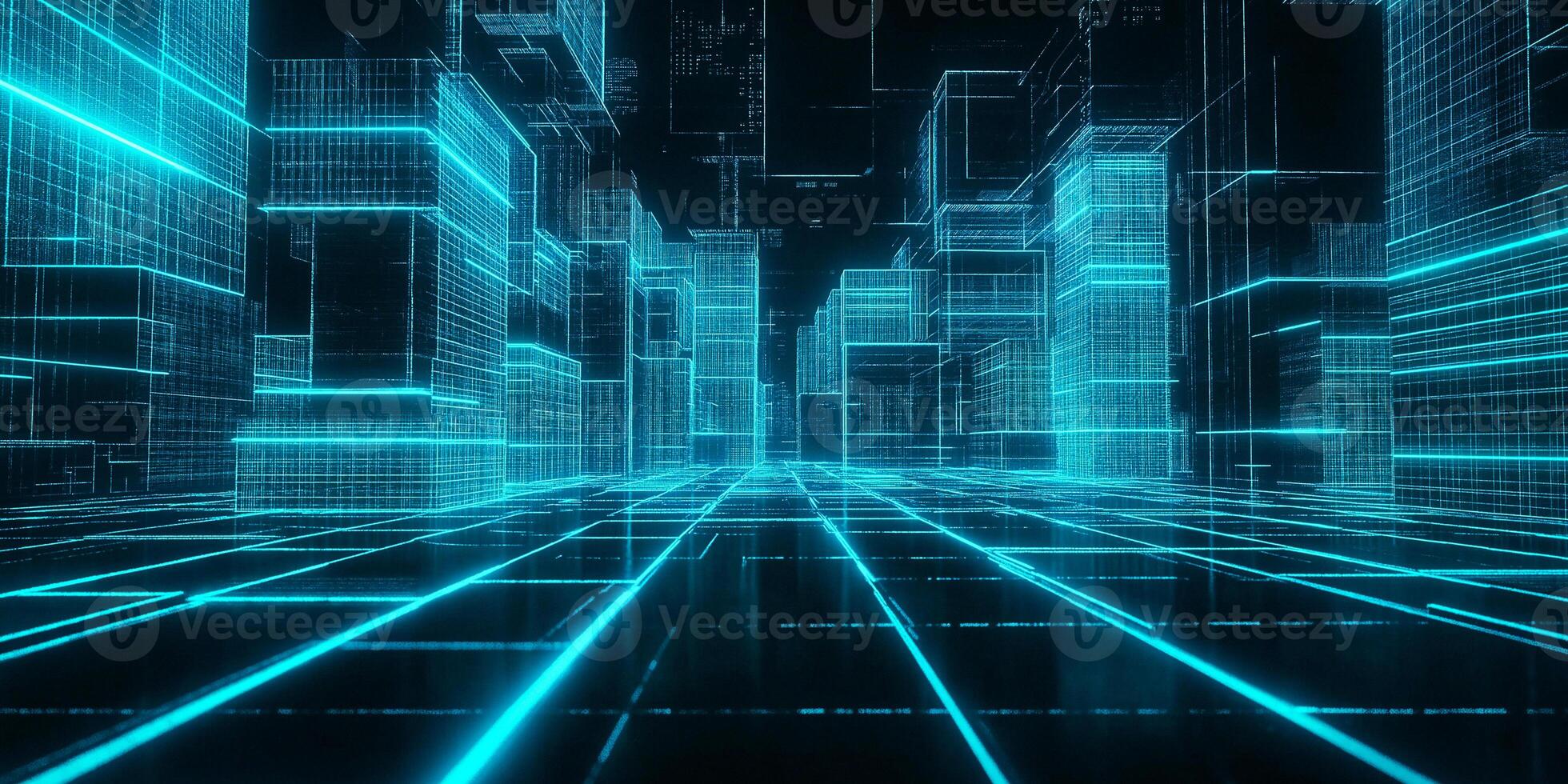 Futuristic city with neon lights and grid pattern photo