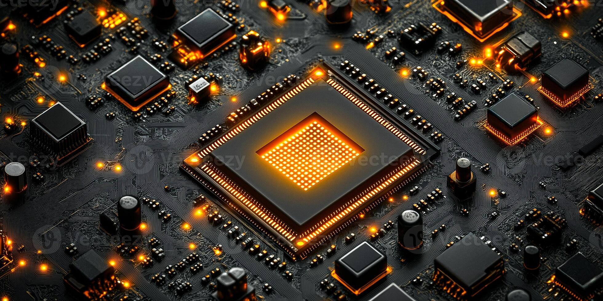 Glowing Microchip on Futuristic Circuit Board photo