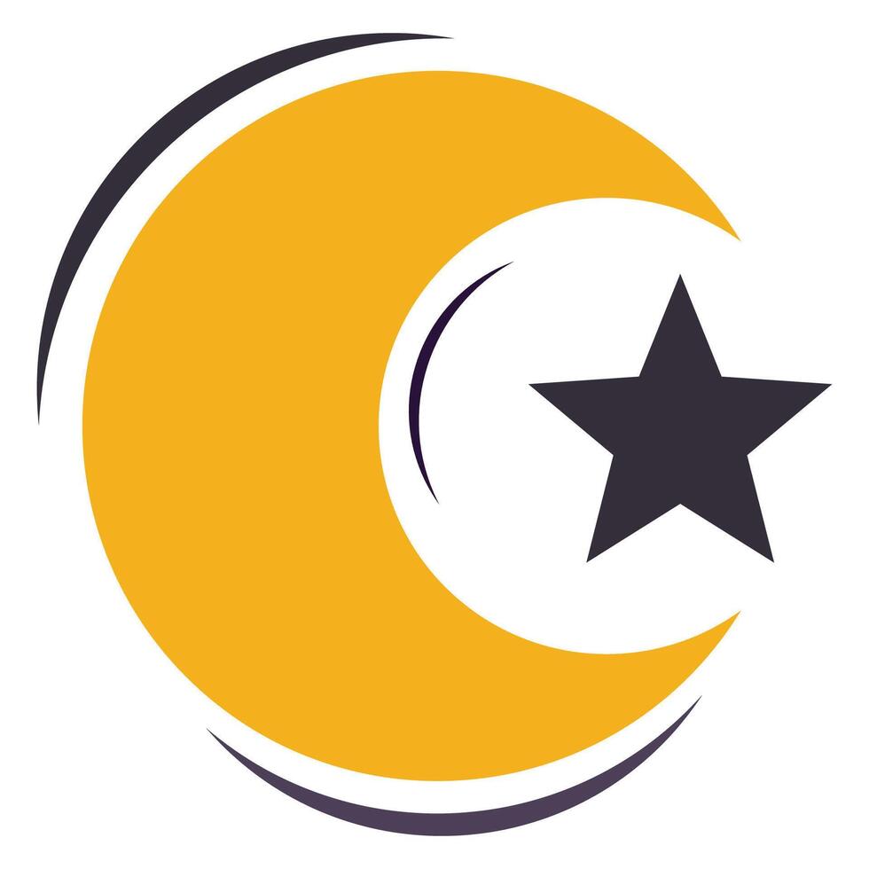 Yellow crescent moon with black star icon isolated on white background. vector
