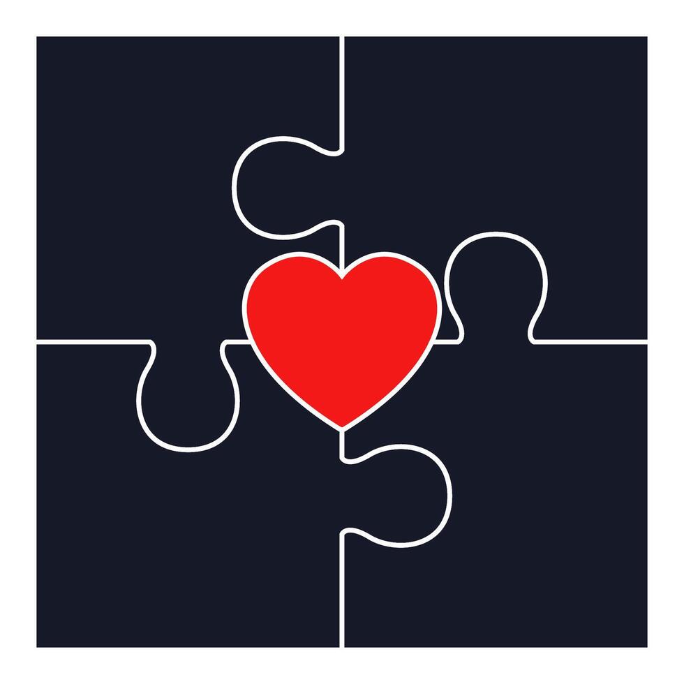 Four puzzle pieces with heart isolated on white background. vector