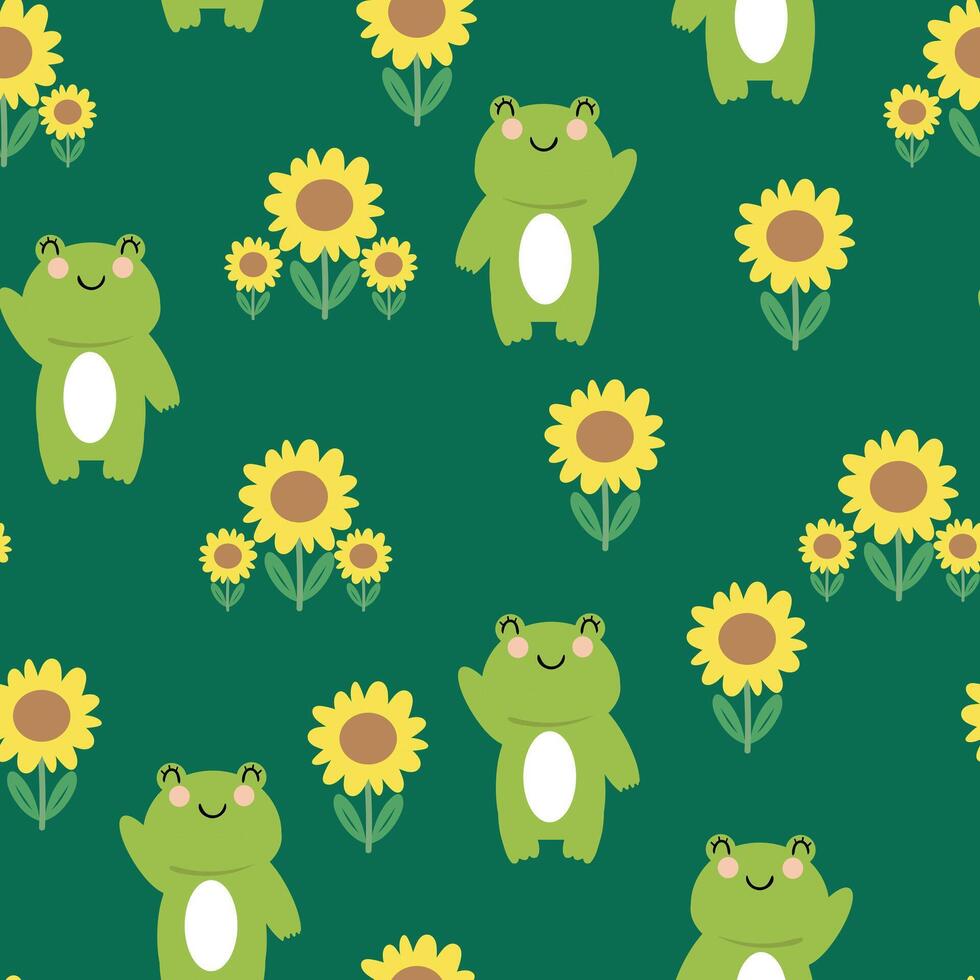 Seamless pattern with cute cartoon frogs and sunflowers, for fabric print, textile, gift wrapping paper. colorful for children, flat style vector